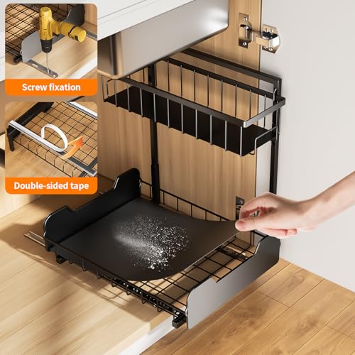 PureBox Under Sink Organizer, 2-Tier L-Shaped Pull Out Cabinet Shelf with 2 Installation Methods, Adjustable Sliding Storage Drawer for Kitchen, Bathroom, Laundry, Metal, Black - size: 1 Pack