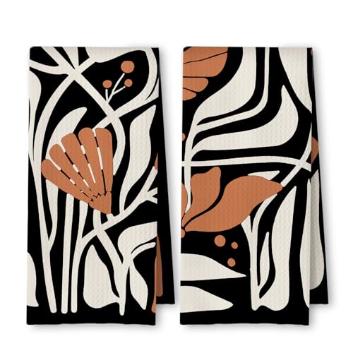 Abstract Boho Black and Beige Brown Floral Kitchen Towels Set of 2, 70s Retro Groovy Botanical Dish Tea Towels for Kitchen Bathroom Decor, Mid Century Modern Hand Towels, 16x24 Inch - color: Boho Black and Beige Brown