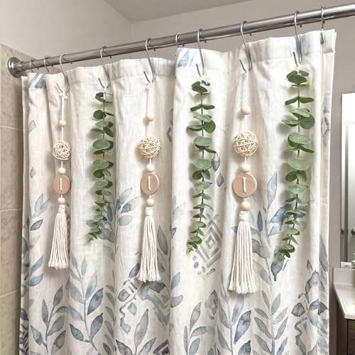 Set of 12 Boho Eucalyptus Shower Curtain Hooks Rings Rustic Farmhouse Decor Rustproof Metal Decorative Hanger Set for Home Bathroom Bedroom Baby Room Curtain Decor (Rattan) - style: Rattan