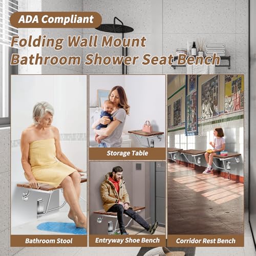 𝙐𝙥𝙜𝙧𝙖𝙙𝙚 20 Inch Folding Shower Seat Wall Mounted, Teak Wood Shower Seat with Stainless Steel Bracket & Finish Cap, 550lb Capacity, for Elderly, Disabled, Pregnant Women, Kids - size: 20 inches seat