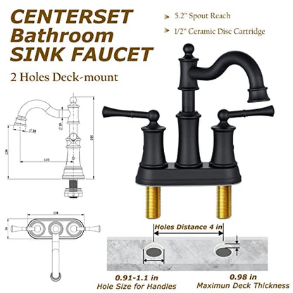 Roman Bathroom Sink Faucet Deck Mount or Wall Mount Installation Pop-up Drain Assembly with Overflow Deck Plate and Water Supply Lines Included (2 Hole Deck Mount, Matte Black) - color: Matte Black, style: 2 Hole Deck Mount