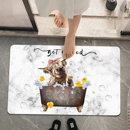 SolAzul Highland Cow Leather Diatomaceous Earth Bath Mat,Super Absorbent Diatomite Stone Bath Mat Non Slip Quick Dry Thin Bathroom Floor Mat Rug (16×24 Inch) (COW-03) - color: Cow-03