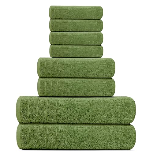8 Piece Towel Set, 2 XL Bath, 2 Hand, 4 Washcloth, Green | 100% Cotton, Lighter Weight, Quicker to Dry, Super Absorbent, Perfect for Bathroom - color: Green