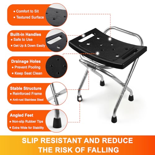 Folding Shower Seat, Stainless Eligible Shower Chair for Inside Shower, 400lbs Portable Travel Shower Stool, Safety Anti-Slip Bath Chair for Seniors, Disabled(Black)