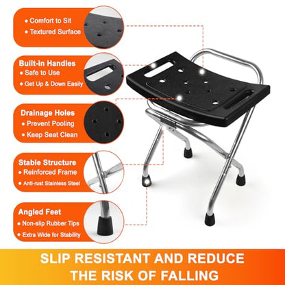 Folding Shower Seat, Stainless Eligible Shower Chair for Inside Shower, 400lbs Portable Travel Shower Stool, Safety Anti-Slip Bath Chair for Seniors, Disabled(Black)