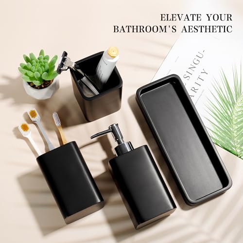 Bathroom Accessories Set, 4 Piece Toothbrush Holder Set - Black | Bathroom Accessory Set with Soap Dispenser, Toothbrush Holder, Tumbler, Vanity Tray, Bathroom Sink Set for Modern Home Decor - style: Black