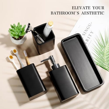 Bathroom Accessories Set, 4 Piece Toothbrush Holder Set - Black | Bathroom Accessory Set with Soap Dispenser, Toothbrush Holder, Tumbler, Vanity Tray, Bathroom Sink Set for Modern Home Decor - style: Black