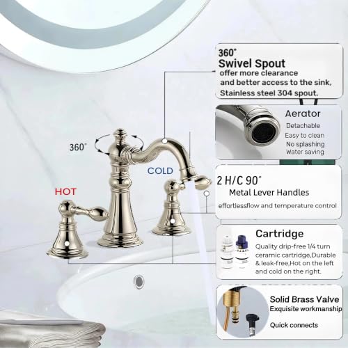 Polished Nickel 2-Handle 8 Inch Widespread Bathroom Faucet, 3 Holes | Derengge Traditional Widespread Sink Faucet, With Pop-Up Drain 360° Swivel Stainless Steel Spout,F-8805-PN - color: Polished Nickel