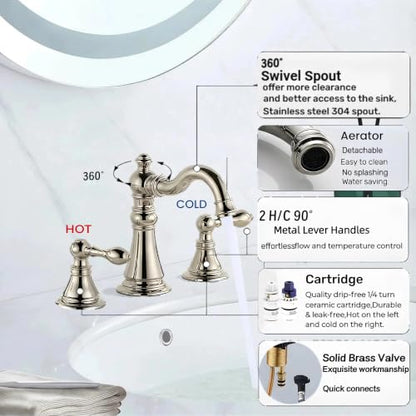 Polished Nickel 2-Handle 8 Inch Widespread Bathroom Faucet, 3 Holes | Derengge Traditional Widespread Sink Faucet, With Pop-Up Drain 360° Swivel Stainless Steel Spout,F-8805-PN - color: Polished Nickel
