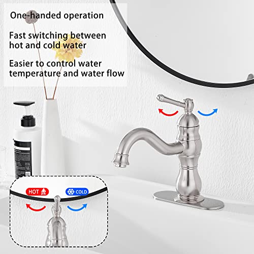 Bathroom Faucet Brushed Nickel GGStudy 360° Swivel Bathroom Vanity Faucet Single Handle One Hole Bathroom Sink Faucet Basin Matching Pop Up Drain with Overflow - color: Brushed Nickel, size: Short
