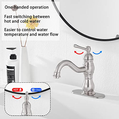 Bathroom Faucet Brushed Nickel GGStudy 360° Swivel Bathroom Vanity Faucet Single Handle One Hole Bathroom Sink Faucet Basin Matching Pop Up Drain with Overflow - color: Brushed Nickel, size: Short