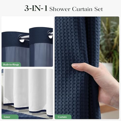 Navy Blue Hook Free Waffle Shower Curtain & Snap-in Liner,54x81 | Less Time to install, 3 in 1 Fabric Shower Curtain and Liner Set with Magnets, Stall, Long, Shower Curtains for Bathroom - color: B Navy Blue, size: 54"W x 81"L (Pack of 1)
