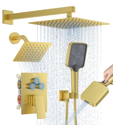 Woindo Shower Faucet Set, 10" Wall Mount Rainfall Shower System with 2 Rain Shower Head and Multi-function Handheld Head Push Button Diverter Shower Faucet Trim Kit - color: Brushed Gold, style: 10"-Wall-01