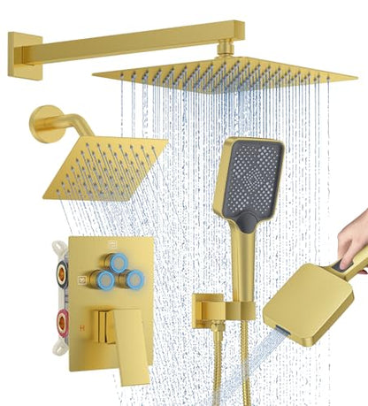 Woindo Shower Faucet Set, 10" Wall Mount Rainfall Shower System with 2 Rain Shower Head and Multi-function Handheld Head Push Button Diverter Shower Faucet Trim Kit - color: Brushed Gold, style: 10"-Wall-01