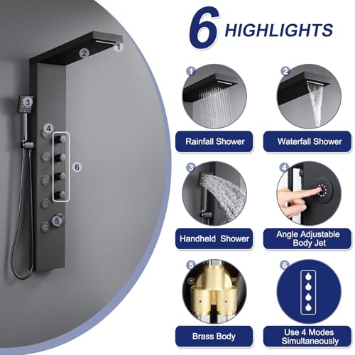 ROVATE 4-in-1 Rainfall Waterfall Shower Panel Tower System, Matte Black | Shower Column with Body Massage Jets and Handheld, Stainless Steel High Pressure, Use Multiple Functions Simultaneously - color: Matte Black