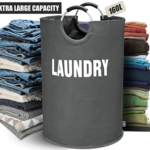 DOKEHOM 160L XX-Large Laundry Basket (7 Colors), Collapsible Laundry Bag, Foldable Laundry Hamper, Folding Washing Bin (Dark Grey, XXL) | Freestanding tall washing bin & foldable laundry bag. Extra large clothes storage basket with durable sturdy handles
