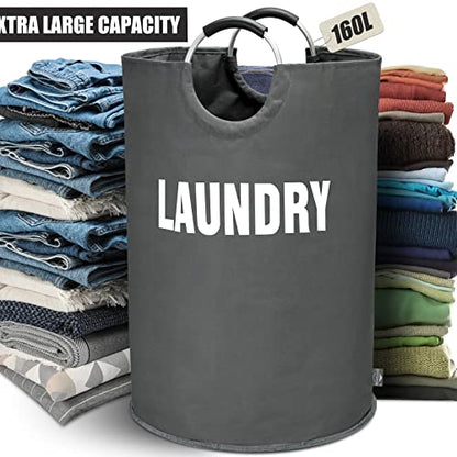 DOKEHOM 160L XX-Large Laundry Basket (7 Colors), Collapsible Laundry Bag, Foldable Laundry Hamper, Folding Washing Bin (Dark Grey, XXL) | Freestanding tall washing bin & foldable laundry bag. Extra large clothes storage basket with durable sturdy handles