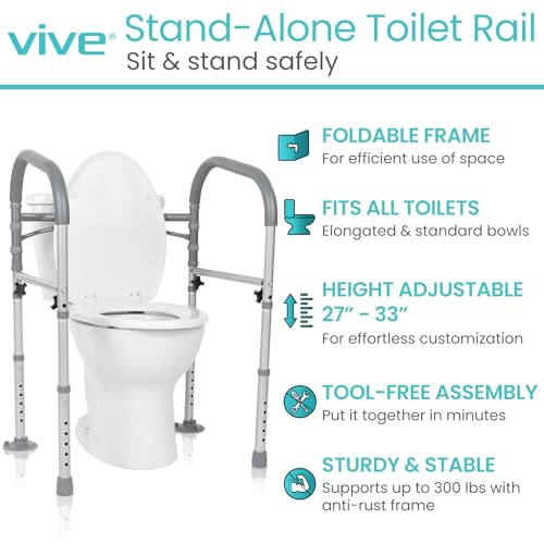 Vive Toilet Safety Rail - Medical Chair for Handicapped & Seniors - Folding | Bathroom Frame w/Handles, Arms for Elderly, Disabled - Standalone Grab Bar - Seat Assistance Support Stand Up Assist