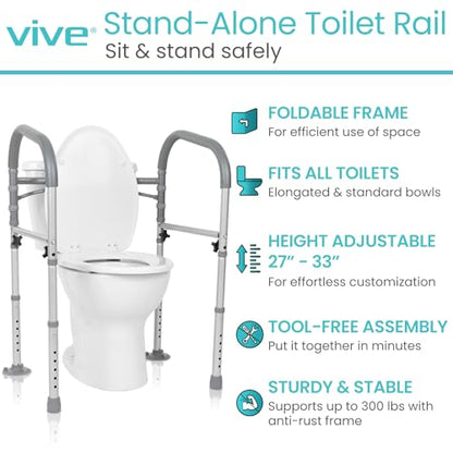 Vive Toilet Safety Rail - Medical Chair for Handicapped & Seniors - Folding | Bathroom Frame w/Handles, Arms for Elderly, Disabled - Standalone Grab Bar - Seat Assistance Support Stand Up Assist