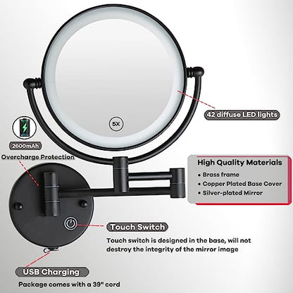 Wall Mounted Magnifying Makeup Mirror, 5X, Light, Matt Black, Rechargeable | Brass Extended Arm, 360 Rotation 8" Shaving Vanity for Bathroom, No Pre-Installed Wire, SEALANT FIX