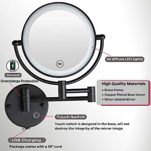 Wall Mounted Makeup Mirror with Light, 5X Magnification, Matte Black | Rechargeable, Extended Arm 360 Rotation,1X/5X, 2 Sided, 8" Bathroom Shaving Vanity, No Pre-Installed Wire, SEALANT FIX - color: Matt Black