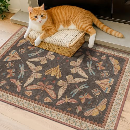 Vintage 2x3 Entry Way Rugs Indoor, Stain Resistant Washable Kitchen Rugs Non Slip, Small Soft Carpet for Bathroom, Powder Room, Insect Boho Indoor Décor, Low Pile & Stain Resistant (Orange and Brown) - color: Tribal Brown, size: 2' x 3' (Rectangular)