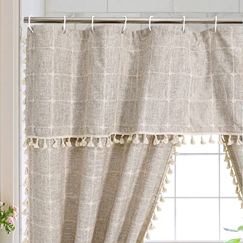 Boho Farmhouse Classic Plaid Double Swag Tassel Shower Curtain Tan,72x72 | 310GSM Linen Blend Heavy Duty Cloth,Double Swag Design,3-side Tassels,Wrinkle Resistant,Rustic Bohemian,Water Repellent - color: Tan Brown, size: 71"W x 71"L (Pack of 1)