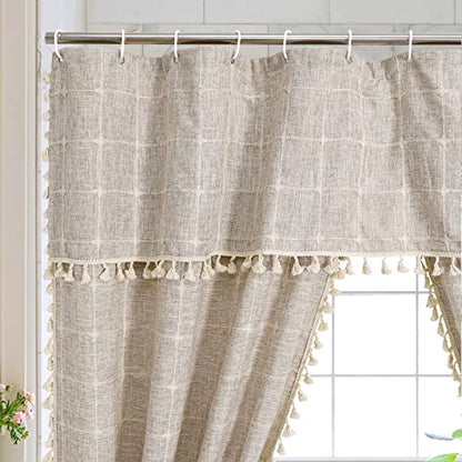 Boho Farmhouse Classic Plaid Double Swag Tassel Shower Curtain Tan,72x72 | 310GSM Linen Blend Heavy Duty Cloth,Double Swag Design,3-side Tassels,Wrinkle Resistant,Rustic Bohemian,Water Repellent - color: Tan Brown, size: 71"W x 71"L (Pack of 1)