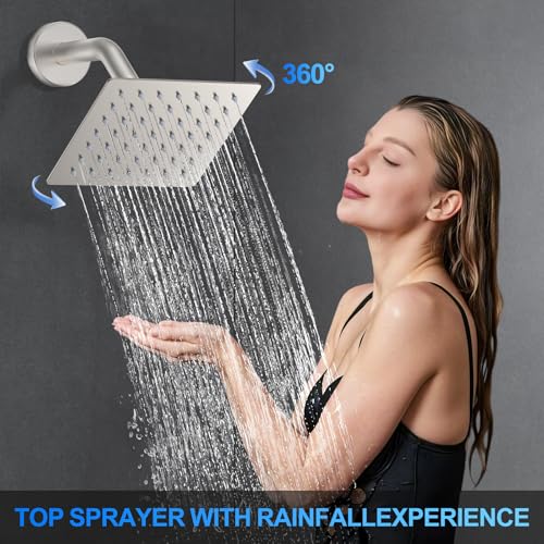 Woindo Shower Faucet Set, 12" Wall Mount Rainfall Shower System with 2 Rain Shower Head and Multi-function Handheld Head Push Button Diverter Shower Faucet Trim Kit - color: Brushed Nickel, style: 12"-Wall-01