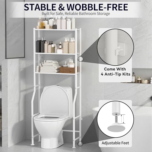 3-Tier Over The Toilet Storage, Freestanding Metal Bathroom Shelves, Space Saver Above The Over Toilet Storage Shelf for Bathroom (White) - color: White