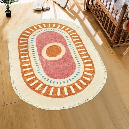 Lukinbox Sun Kids Rugs for Bedroom, 4x6 Boho Oval Washabl Area Rugs, Super Soft Non-Slip Colorful Circular Rainbow Rug for Kids Room Playroom Nursery Room Dinning Room Living Room - size: 3'11" x 5'11" (Oval)