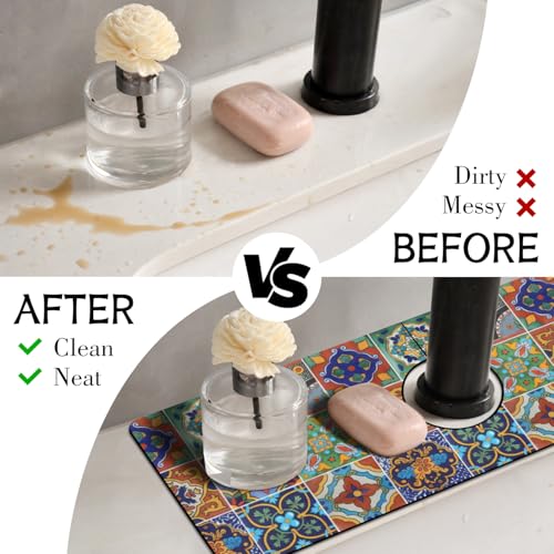 Mexican Ceramic Tile Kitchen Sink Splash Guard Faucet Mat,Faucet Non-slip Absorbent Mat,Farmhouse Sink Splash Guard Behind Faucet for Kitchen Bathroom, 15"x5.5" - color: Drying Faucet Mat 5