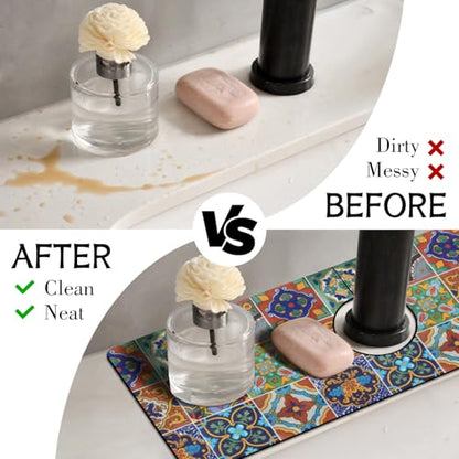 Mexican Ceramic Tile Kitchen Sink Splash Guard Faucet Mat,Faucet Non-slip Absorbent Mat,Farmhouse Sink Splash Guard Behind Faucet for Kitchen Bathroom, 15"x5.5" - color: Drying Faucet Mat 5