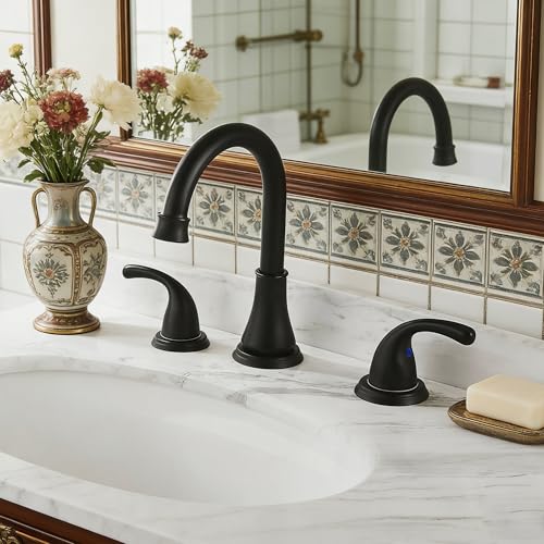 Bathroom Sink Faucet FRANSITON Centerset 8 Inch 2 Handle Bathroom Sink Faucet Lead-Free with Pop-up Drain Stopper and Supply Hoses (Matte Black, 8 Inch) - color: Matte Black