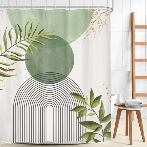 Sage Green Boho Bohemian Abstract Leaves Olive Bathroom Shower Curtain Set | Dark look; 72"W x 78"L. waterproof HD print, quick-dry fabric and free hooks for easy setup. - color: A-02sage Green, size: 72"W x 78"L (Pack of 1)
