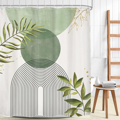 Sage Green Boho Bohemian Abstract Leaves Olive Bathroom Shower Curtain Set | Dark look; 72"W x 78"L. waterproof HD print, quick-dry fabric and free hooks for easy setup. - color: A-02sage Green, size: 72"W x 78"L (Pack of 1)
