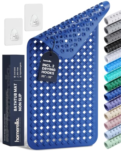 Bathtub Mat Non Slip 35x16 - homerella® Bath Mat Incl. Hooks for Drying, Extra Long, 100% BPA Free, Shower Mat Non Slip Anti Mold, Machine Washable, Shower Mats for Inside Shower Mildew Resistant | Mildew Resistant, Machine Washable, Extra Long Tub Mat, S
