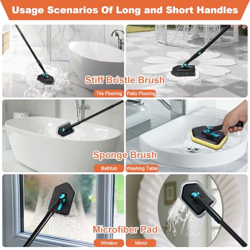 Long Handled Scrub Brush for Shower,3-in-1 Cleaning Brushes with 3 Different Function Cleaning Heads Brush for Shower Cleaning Bathroom Kitchen Walls Tub Tile (Black) - color: Black