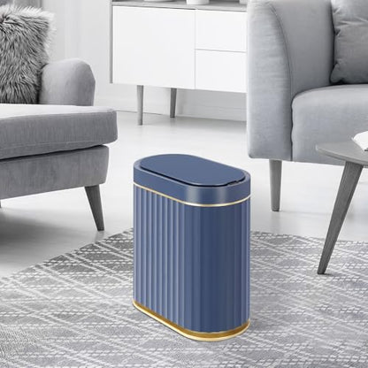 ELPHECO 2 Gallon Sensor Trash Can, Automatic Lid, Midnight Blue Gold | IPX5 Waterproof Bathroom Trash Bin, Slim Garbage Can, Plastic Wastebasket for Office, Bedroom and Kitchen - color: Blue Gold