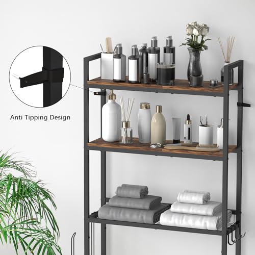 Over the Toilet Storage Cabinet Bathroom Storage Above Toilet | Over the Toilet Shelf, with Paper Holder and 4 Hooks, with Metal Frame, Space-Saving, Large Capacity Storage, Brown - color: Brown
