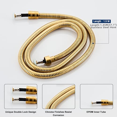 Handheld Shower Head，High Pressure Brushed Gold Shower Head,Water Saving Detachable Shower Wand with Solid Brass Body and 5 ft Flexible Hose, Easy to Clean and Durable - color: Brushed Gold