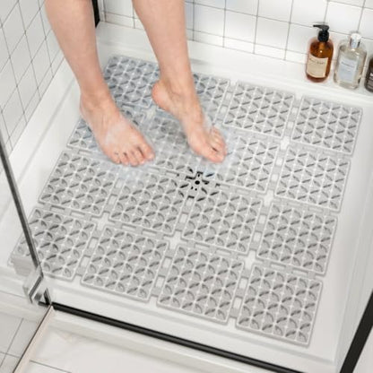HITSLAM Shower Mat Anti Slip, 24x24 Inch Cut to Fit No Odor Soft TPE Shower Stall Mat, Square Bath Mat with Suction Cups and Drain Holes, Soft on Feet, Grey - color: Grey