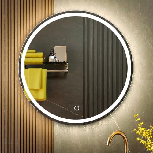 KWW 24 Inch Large Modern LED Round Bathroom Vanity Mirror, Color Temperature Adjustable, Anti-Fog Dimmable Lights, Easy to Install, Wall Mounted Makeup Mirror with Smart Touch Button - size: 24"L x 24"W