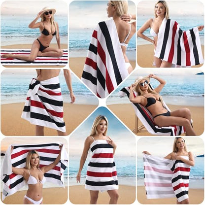 Beach Towel Set-4 Pack 30"x60" Sand Free Stripe Beach Towel for Pool,Bathroom,Soft Absorbent Quick Dry Lightweight Beach Bath Towel,Camping Blanket,Travel Towel,Beach Essentials for Adults,Red/Black - color: Red/Black