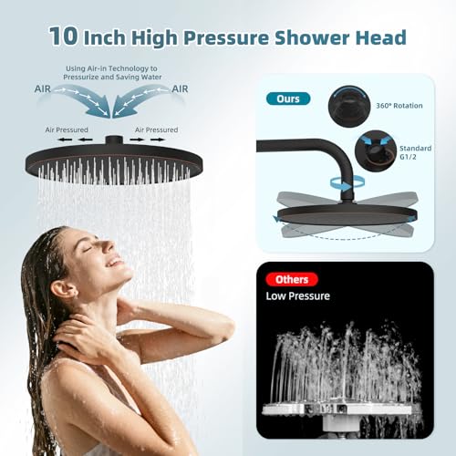 Hibbent 10'' Rain Shower Head Combo, 3 Handheld Sprays, Oil Rubbed Bronze | cUPC Certified Self-cleaning High Pressure Shower Head, All Metal Extension Arm, Easy Reach 4-way Diverter, 71" Hose & Holder - color: Oil Rubbed Bronze