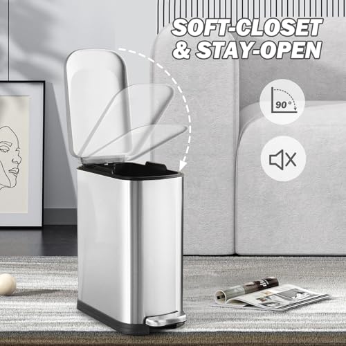 ELPHECO Bathroom Trash Can with Lid 3.5Gal Stainless Steel Step Garbage Can | 13.5 Litre Stainless Steel Pedel Garbage Can with Removable Inner Bucket, Wastebasket for Bathroom, Office, Bedroom, Silver - color: Silver