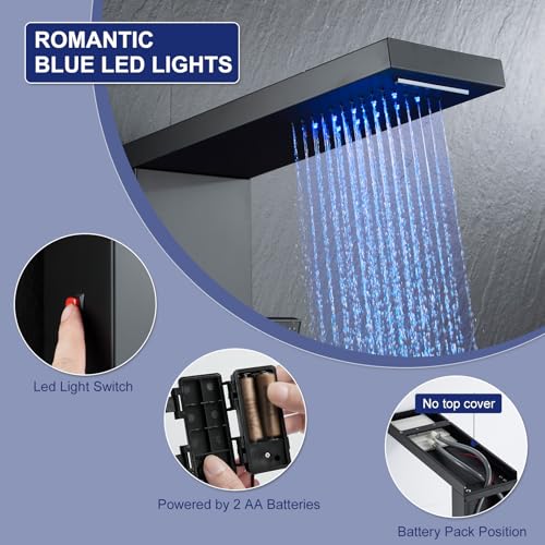ROVATE 5 in 1 LED Rainfall Waterfall Shower Panel, Matte Black | High Pressure Stainless Steel Shower Tower with 4 Angle Adjustable Body Jets, Flexible Handheld, Waterfall Tub Spout