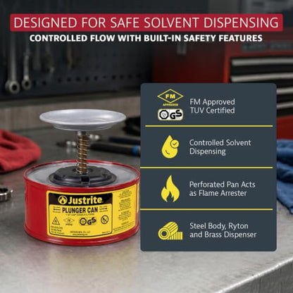Justrite Plunger Can for Solvents, 1 Quart Capacity, Made in the USA, Red | 5.6" x 7.25", Solvent Dispenser Can, Galvanized Steel, Flame Arrester Screen, FM Approved