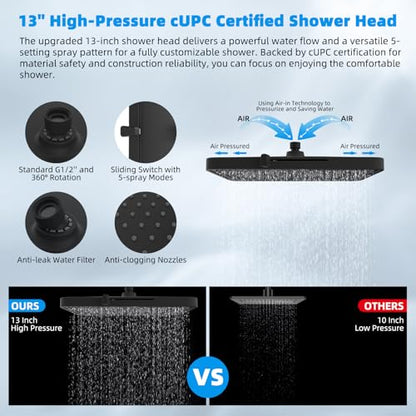 Hibbent 13'' 5-spray Rain Shower Head, 10-Spray Handheld, Oil Rubbed Bronze | cUPC Certified High Pressure Dual Showerhead Combo, Upgraded Rainfall Shower Head, 12'' Extension Arm, 71'' Hose & Holder - color: Oil Rubbed Bronze, style: Square 13''