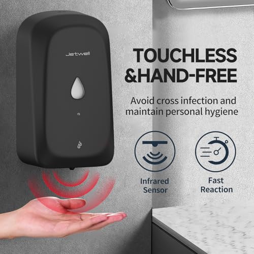 JETWELL Touchless Wall Mount Stainless Steel Soap Dispenser 34OZ/1000ML | Black Matte Cover, Large Capacity, Battery Powered, Liquid Soap, Commercial & Home Use - color: Black Matte Stainless Steel